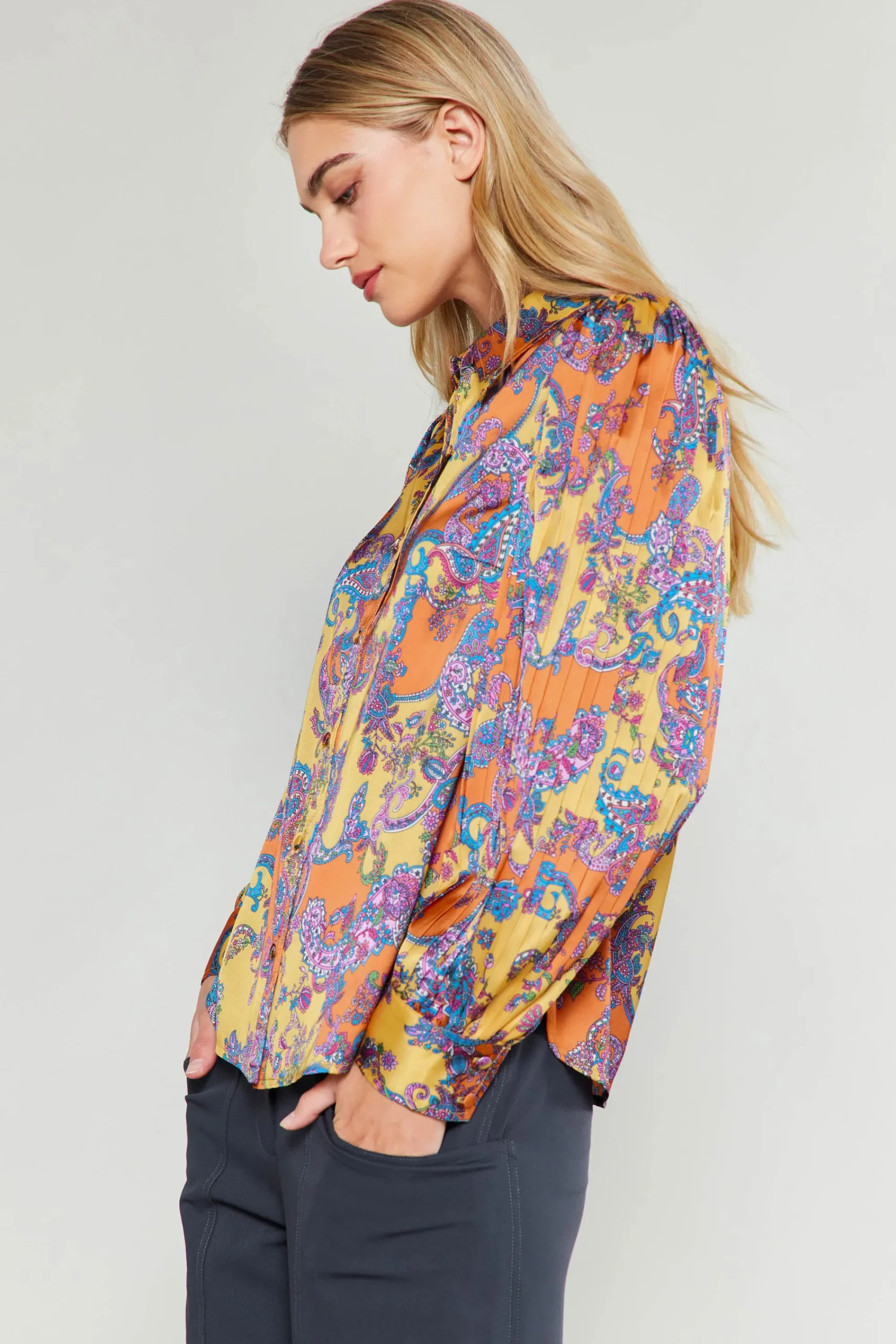 Current Air Long Sleeve Tops-Tonal Paisley Pleated Shirt ORANGEPAISLEY