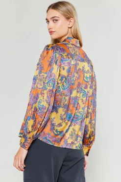 Current Air Long Sleeve Tops-Tonal Paisley Pleated Shirt ORANGEPAISLEY