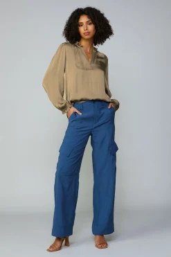 Current Air Long Sleeve Tops-Top Stitch Placket Blouse ASHBROWN