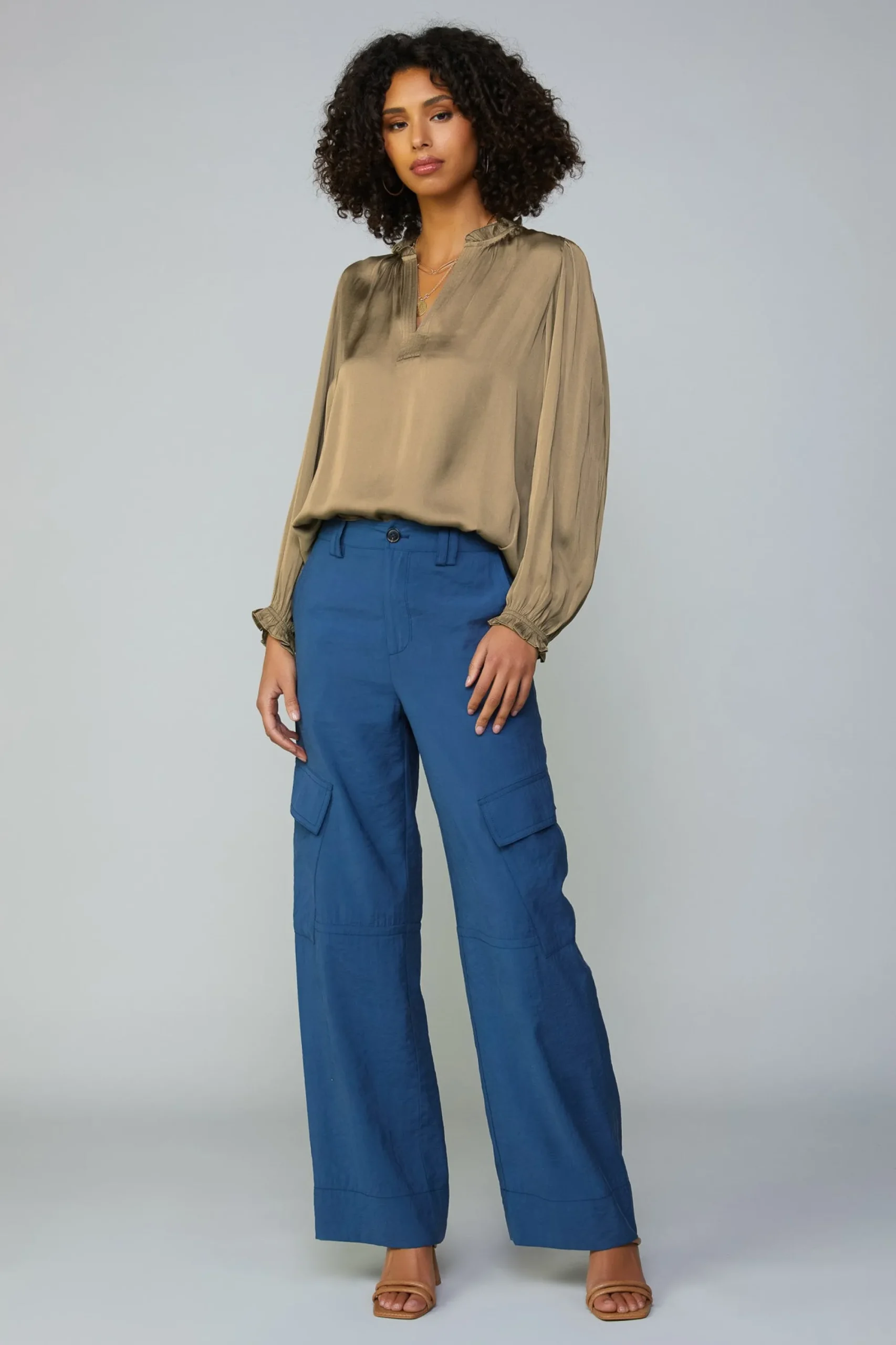 Current Air Long Sleeve Tops-Top Stitch Placket Blouse ASHBROWN