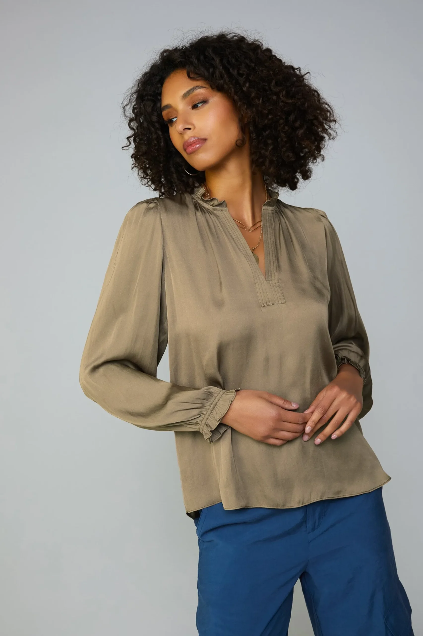 Current Air Long Sleeve Tops-Top Stitch Placket Blouse ASHBROWN