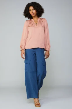 Current Air Long Sleeve Tops-Top Stitch Placket Blouse DUSTYBLUSH