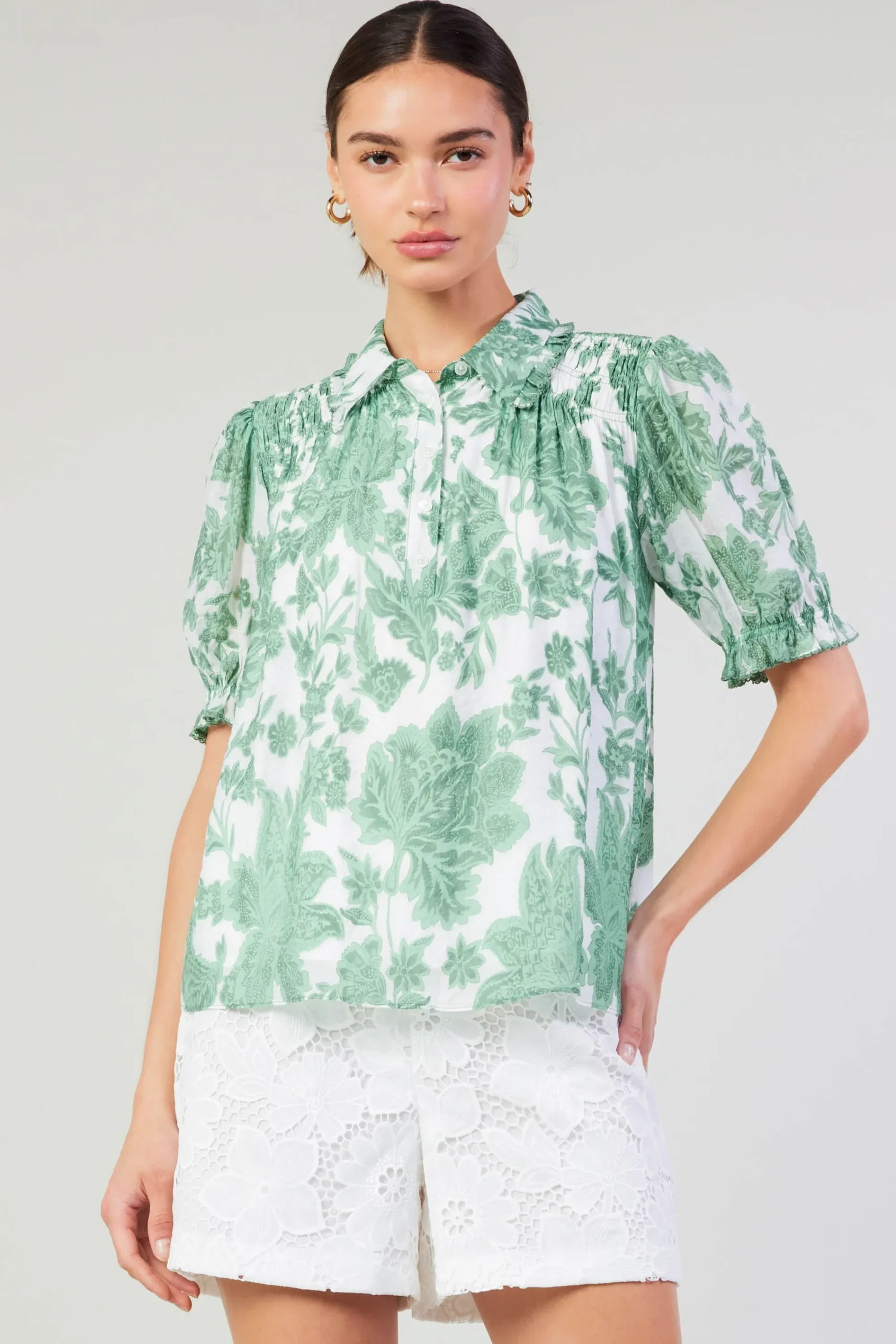 Current Air Short Sleeve Tops-Tulip Jacquard Blouse GREENFLORAL