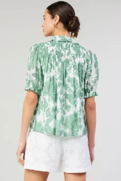 Current Air Short Sleeve Tops-Tulip Jacquard Blouse GREENFLORAL