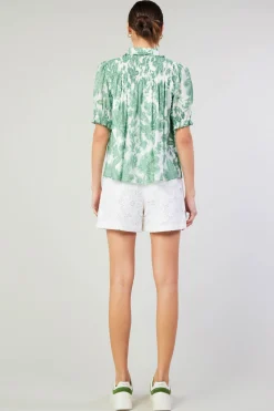 Current Air Short Sleeve Tops-Tulip Jacquard Blouse GREENFLORAL