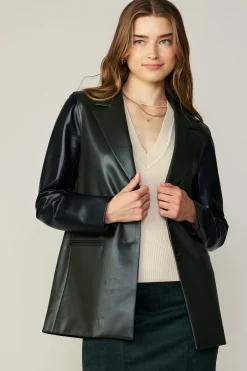 Current Air Coats & Jackets-Two Tone Vegan Leather Jacket DARKGREEN