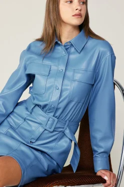 Current Air Mini Dresses-Vegan Leather Belted Shirt Dress TRANQUILBLUE