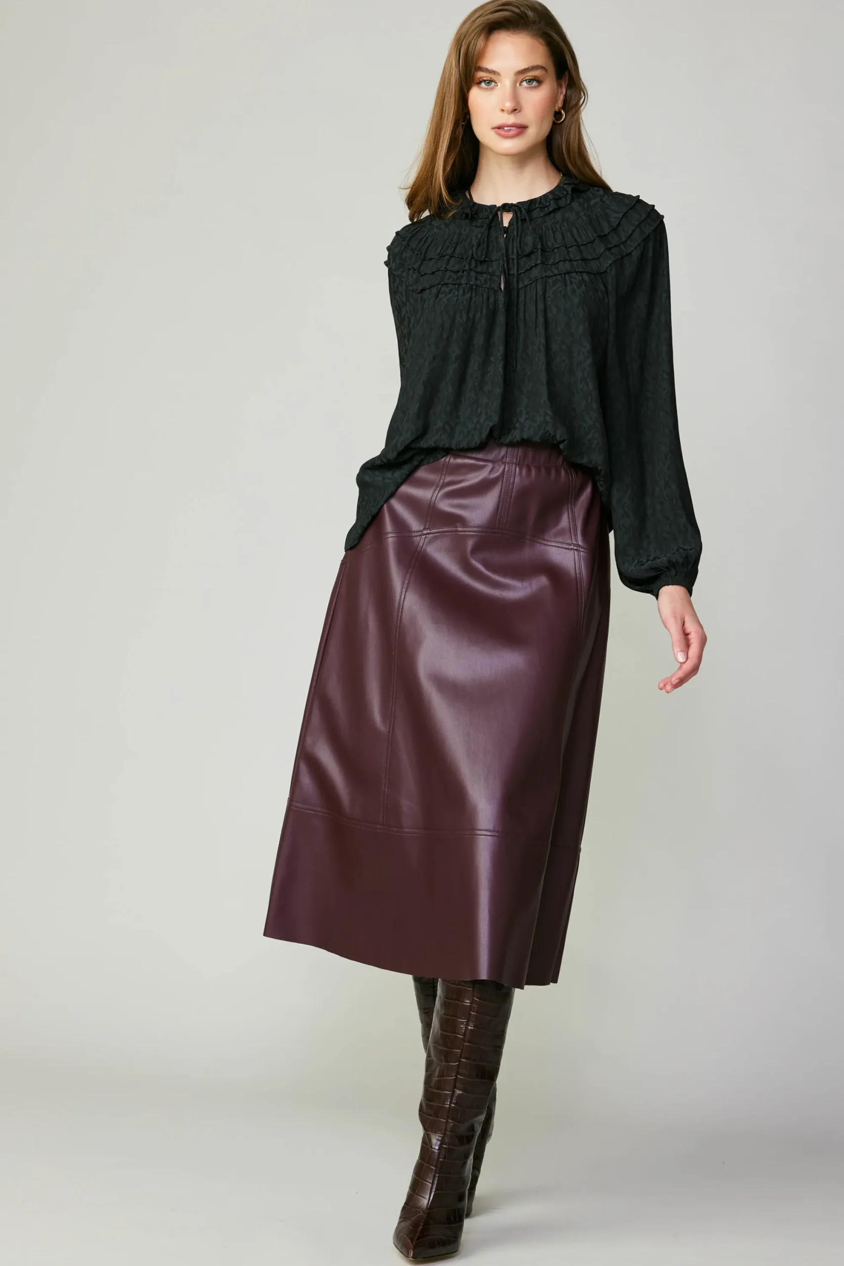 Current Air Skirts-Vegan Leather Midi Skirt BURGUNDY