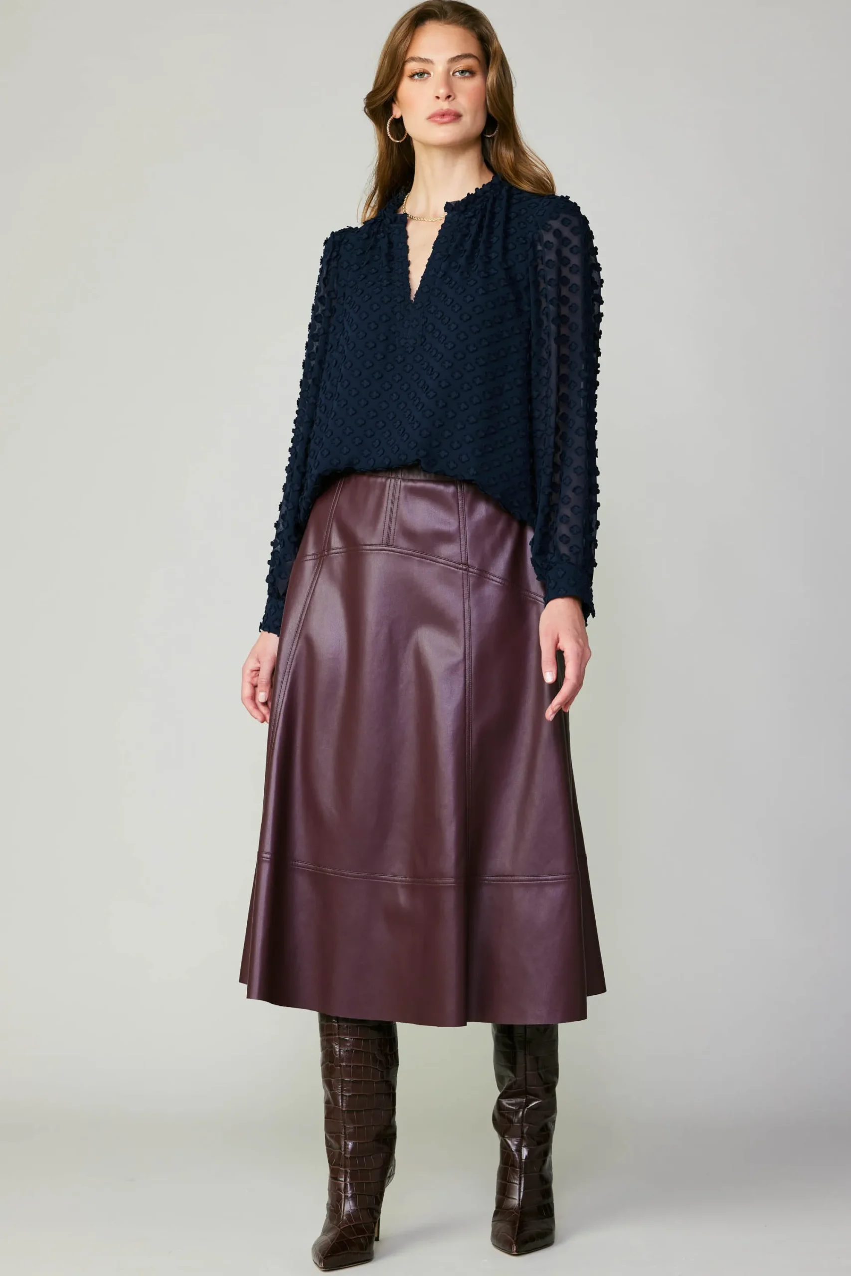 Current Air Skirts-Vegan Leather Midi Skirt BURGUNDY