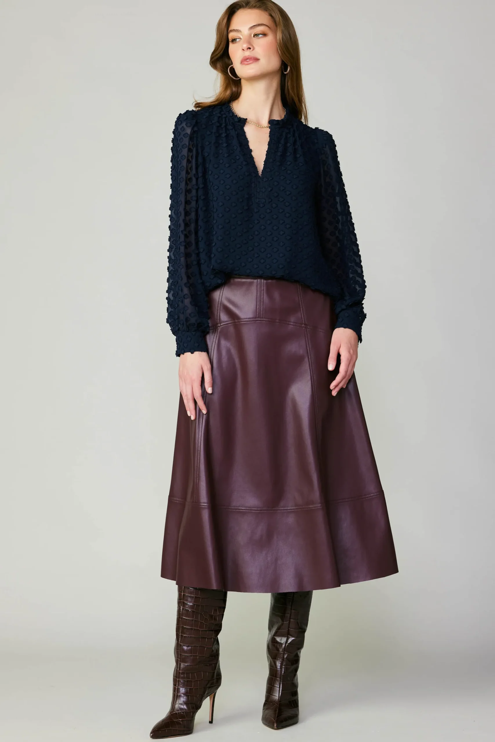 Current Air Skirts-Vegan Leather Midi Skirt BURGUNDY