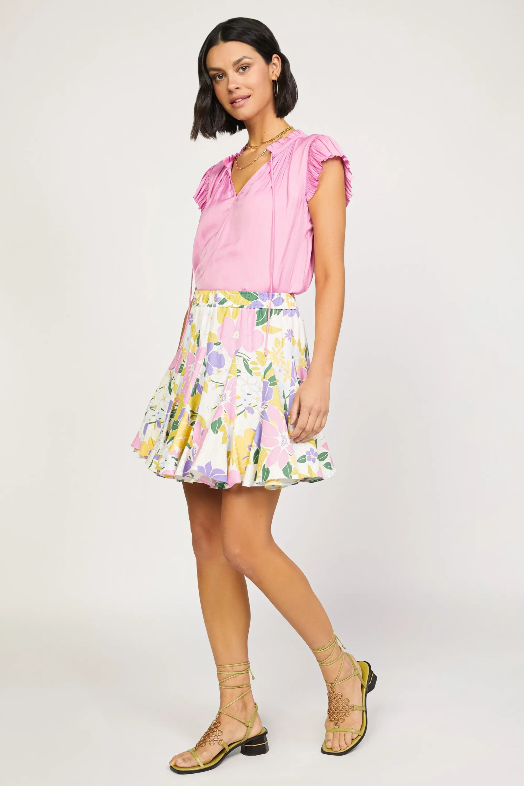 Current Air Skirts-Vintage Floral Godet Skirt WHITE