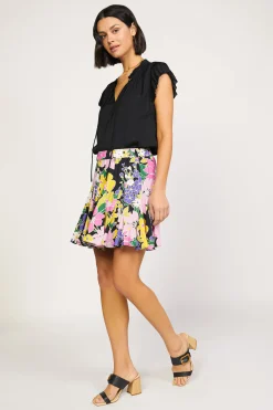 Current Air Skirts-Vintage Floral Godet Skirt BLACK