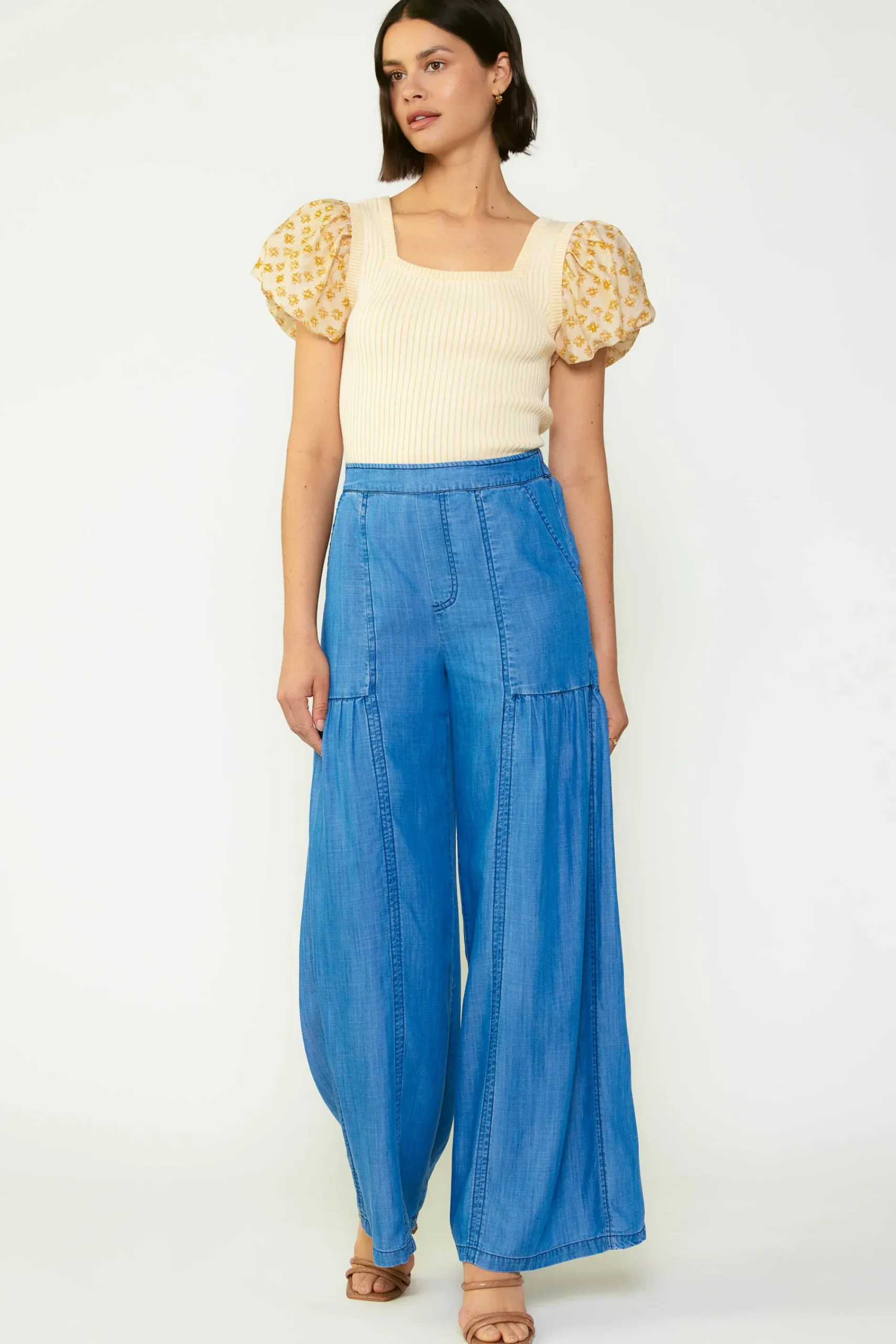 Current Air Pants-Wide Leg Tiered Pants CHAMBRAY