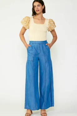 Current Air Pants-Wide Leg Tiered Pants CHAMBRAY
