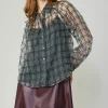 Current Air Long Sleeve Tops-Windowpane Plaid Sheer Blouse BLACK