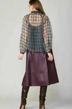 Current Air Long Sleeve Tops-Windowpane Plaid Sheer Blouse BLACK
