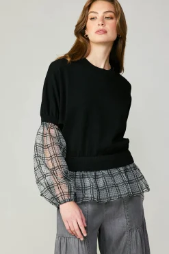 Current Air Long Sleeve Tops | Sweaters-Windowpane Plaid Sweater Top BLACK