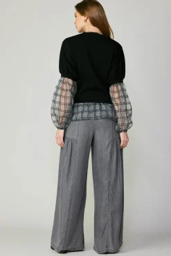 Current Air Long Sleeve Tops | Sweaters-Windowpane Plaid Sweater Top BLACK