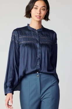 Current Air Long Sleeve Tops-Yoke Lace Blouse SLATENAVY