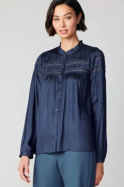 Current Air Long Sleeve Tops-Yoke Lace Blouse SLATENAVY