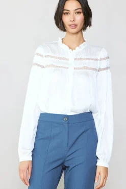 Current Air Long Sleeve Tops-Yoke Lace Blouse WHITE