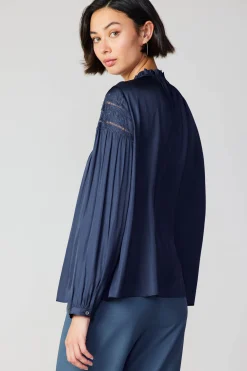 Current Air Long Sleeve Tops-Yoke Lace Blouse SLATENAVY